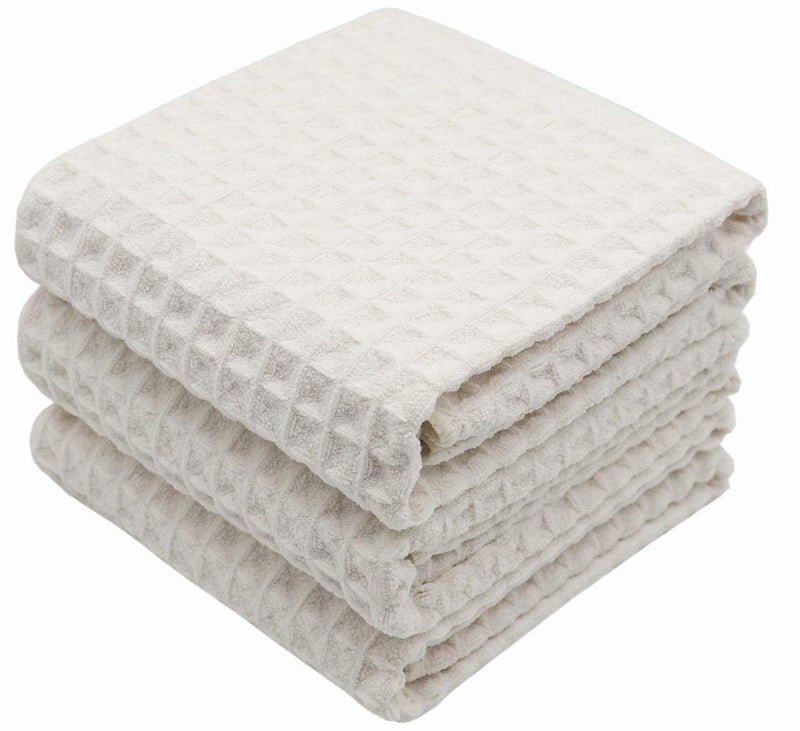 VeraSong Waffle Weave Kitchen Drying Towels - Thick Microfiber, Absorbent, Lint Free 16Inch x 24Inch 3 Pack Beige - Image 1